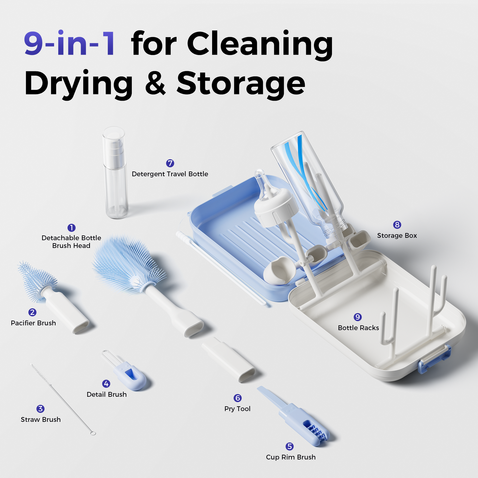 WONDBORN Bottle Brush Set, 9-in-1 Bottle Cleaner Kit