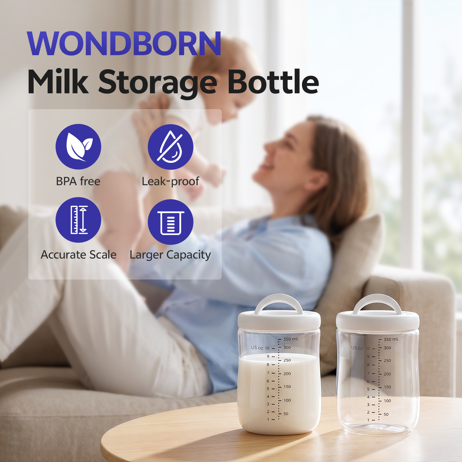 WONDBORN Breastmilk Storage Bottle for Milk Cooler, 11 oz, BPA-Free